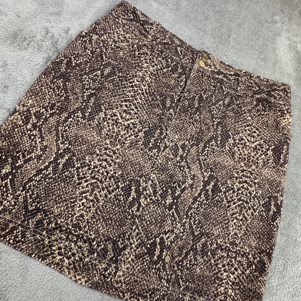 Chaps Mini Skirt Women 12‎ Brown Snakeskin Print Stretch Cotton EUC 5 Pocket